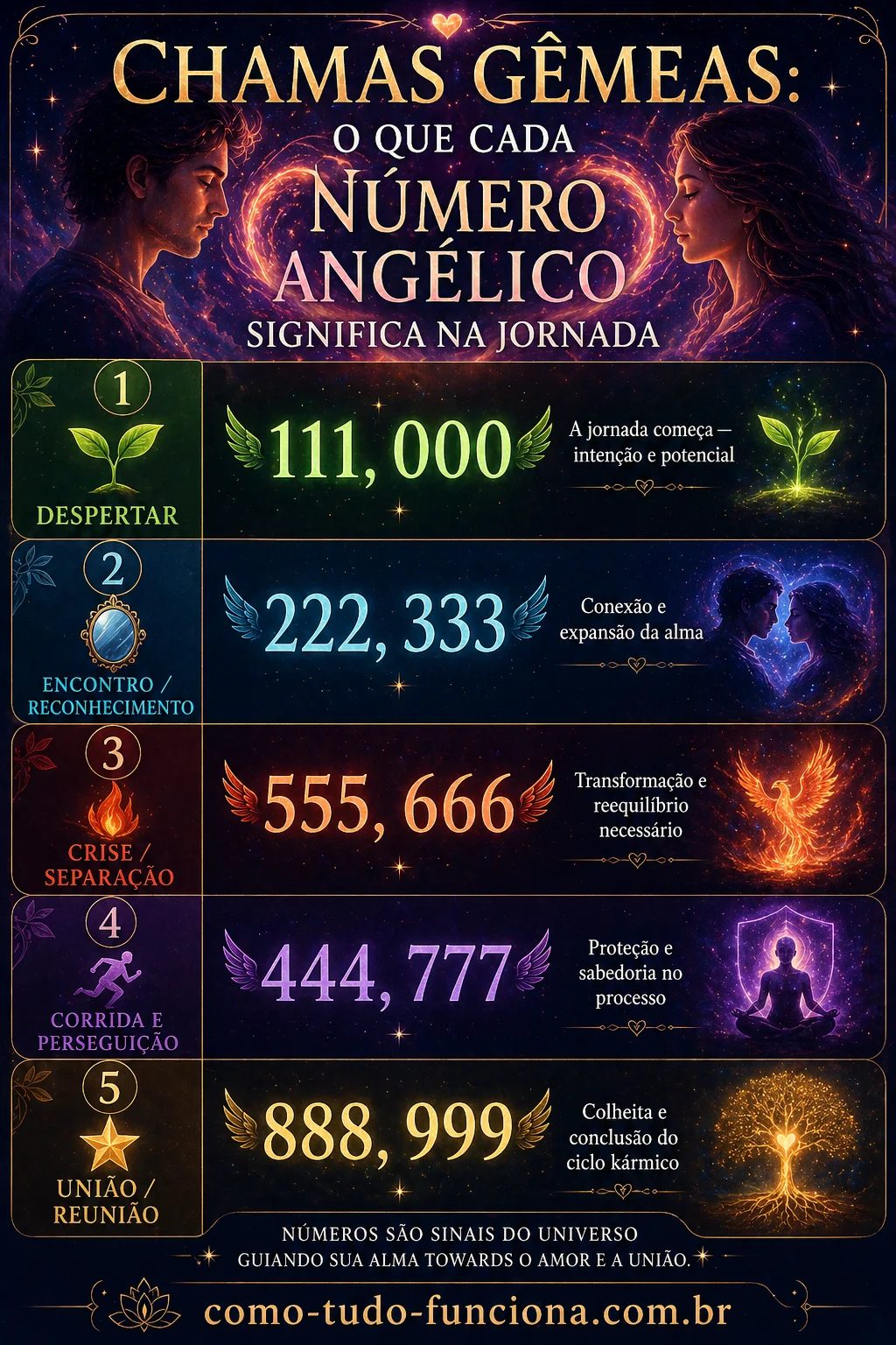 infográfico chamas gêmeas números angélicos fases da jornada 111 222 333 444 555 666 777 888 999