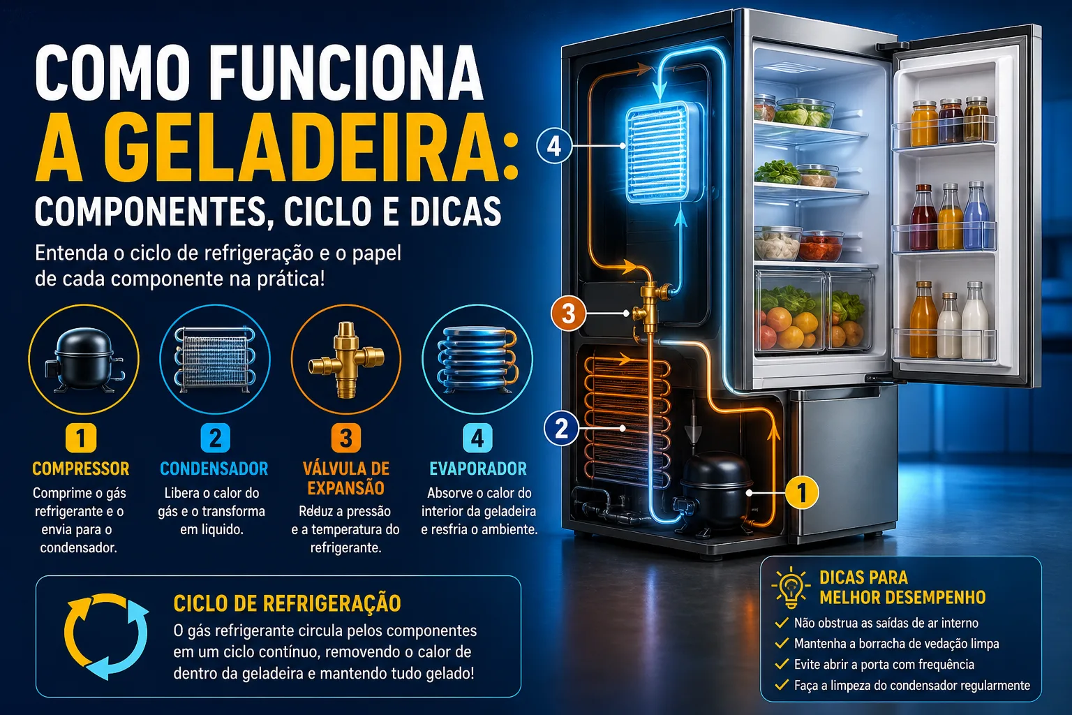 como funciona a geladeira componentes ciclo de refrigeração compressor evaporador