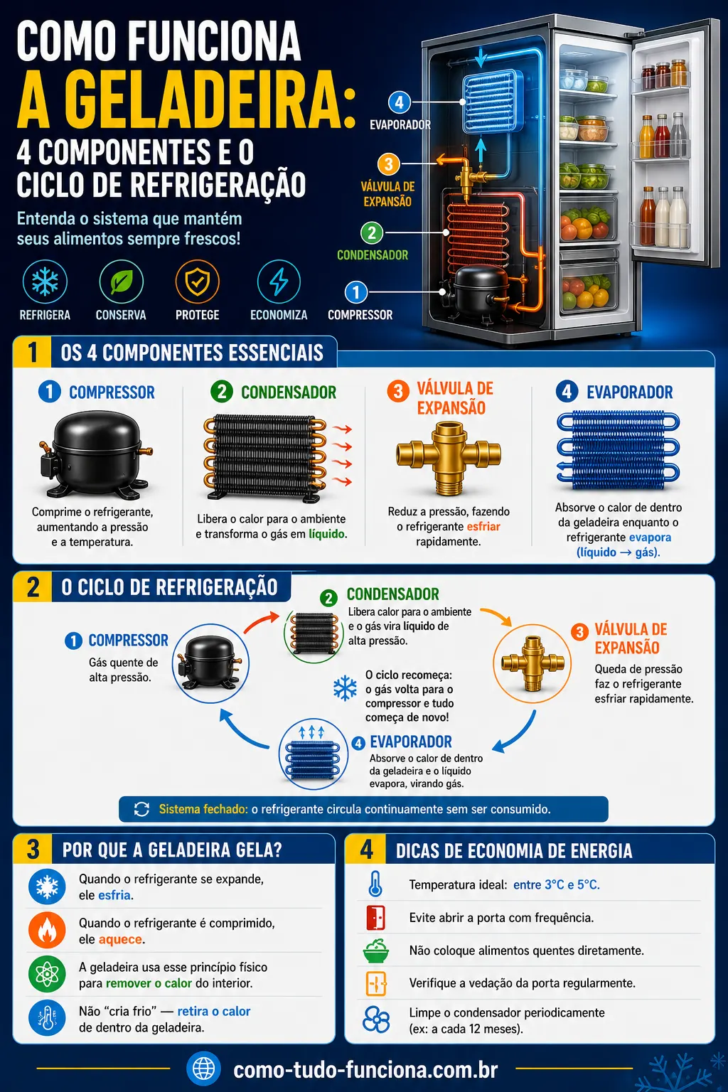 infográfico como funciona geladeira 4 componentes compressor condensador evaporador ciclo refrigeração